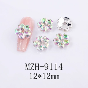 Detailed macro view of 5D colorful flower nail charms with size dimensions and back view