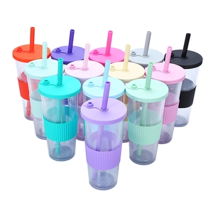 Colorful double layer plastic straw cup with silicone sleeve, large capacity milk tea cup.