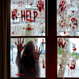 Halloween bloody handprint window decals with red HELP text on glass surface