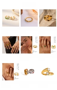 Detailed grid of assorted 18K gold plated stainless steel rings with zircon and pearls