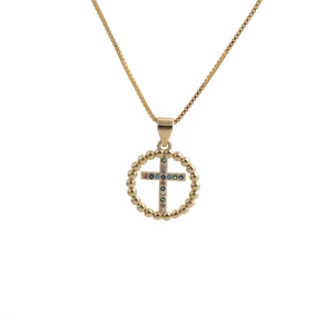 Goldene Kreuzkette mit bunten Zirkonia-Steinen und quadratischer Box-Kette