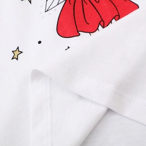 Boy's white cotton long-sleeve T-shirt with red dress print and gold glitter stars