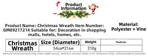 Christmas wreath detail chart showing polyester and vine material with size dimensions