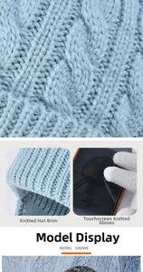 Close-up of cable knit pattern and touchscreen gloves in light blue winter set