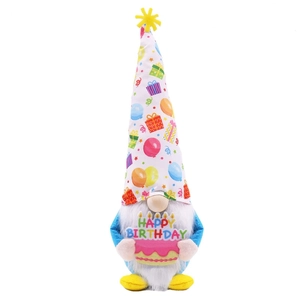 Blue birthday gnome plush toy holding a pink Happy Birthday cake on white background