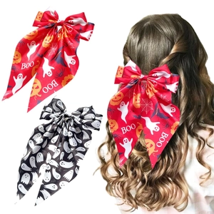 Halloween Bow Hair Clips Satin Fabric Ghost Pumpkin Spider Web Print Long Streamers Party Headwear For Women Girls