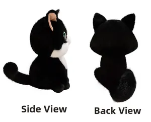 Side and back view showing the soft plush texture and sitting posture of a cat doll