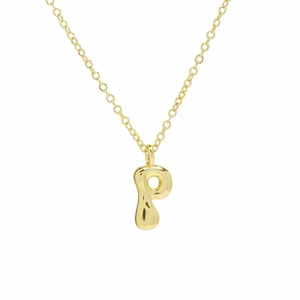 Detailed view of golden balloon-style letter P pendant with a polished shiny surface
