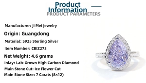 Macro view of pear cut lavender high carbon diamond ring in S925 sterling silver