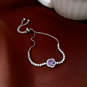 Bracelet Bolo Réglable En Cuivre Avec Zirconium Violet Rond Et Halo De Strass Blancs Bijoux De Main De Luxe