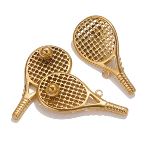 Three gold stainless steel tennis racket pendants with small balls for DIY jewelry