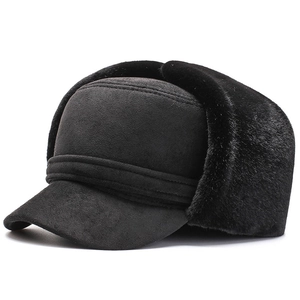 Winter faux suede trapper hat for elderly men with warm ear flaps and faux fur lining