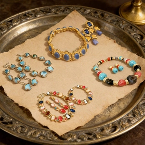 Détail d'un ensemble de bijoux vintage en résine dorée avec pierres dans un plateau