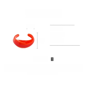 Detail view of red acrylic geometric C-shape bracelet with dimensions and weight specs