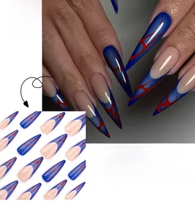 Close-up of extra-long stiletto press-on nails with blue base and red flame texture