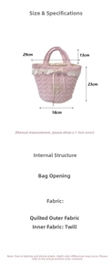 Detailed dimensions of pink quilted bucket bag with lace trim and heart patch detail