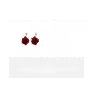 Detail of burgundy flocked bear earrings with white pearls and 925 silver needles