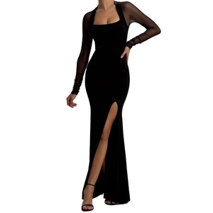 Elegant black velvet maxi dress featuring sheer mesh long sleeves and a high side slit