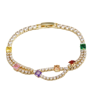 Double-layered 4mm colorful zircon tennis bracelet with gold plating and multicolor stones