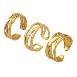 Three-piece stackable 18K gold-plated stainless steel rings with geometric braided designs