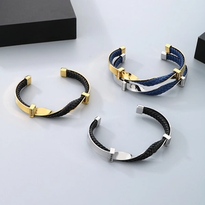 Three men's woven leather bracelets with polished steel C-shaped clasps in multi-color options