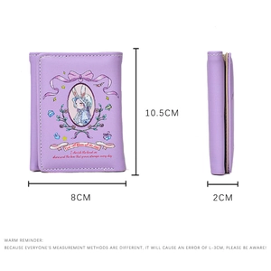 Purple cute rabbit cartoon tri-fold wallet for girls showing dimensions 10.5x8x2cm