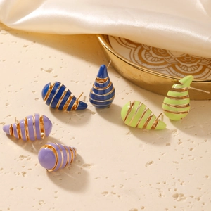 Three-piece set of minimalist gold-plated teardrop stud earrings in blue, purple, and green