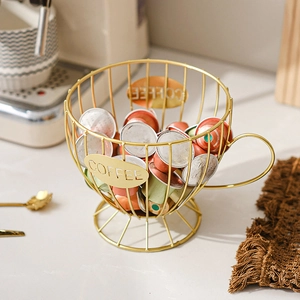 Golden cup-shaped iron wire coffee capsule holder for desktop organization and display