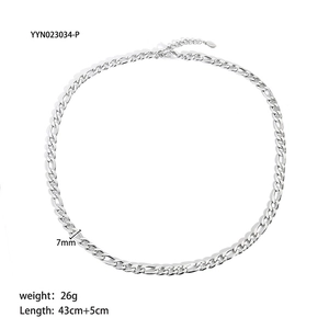 Close-up of 7mm Figaro chain necklace in polished stainless steel, 43+5cm length