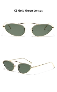 Detailed views of gold metal cat-eye sunglasses with dark green lenses and nose pads