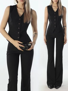 Women's black slim fit waistcoat and high-waisted flare trousers two-piece office set