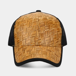 Breathable straw woven baseball cap with black mesh back for summer outdoor sun protection