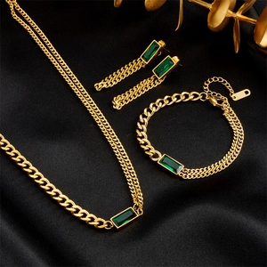 Stainless Steel Green Rhinestone Necklace Bracelet Earrings For Women Gold Plated Rectangular Emerald Style Fashion Jewelry