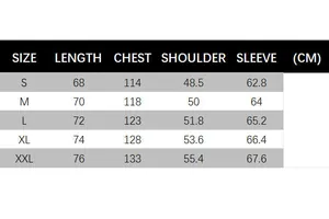 Detailed size guide table for American style men's hooded winter jacket in centimeters