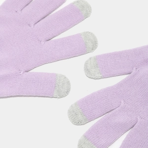 Close-up of lavender knit touchscreen gloves with grey conductive fingertips for winter