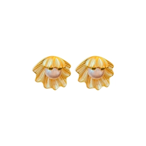 French vintage metallic shell and faux pearl stud earrings in gold and white finish