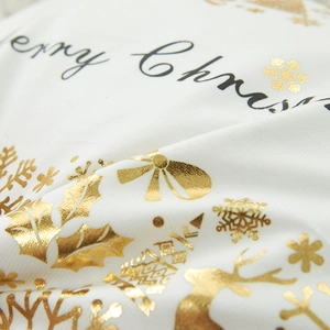 White plush Christmas pillowcase with gold foil reindeer and snowflakes, Merry Christmas print