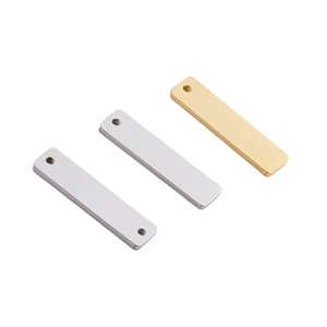 Polished rectangular stainless steel pendant tags in gold and silver with two holes