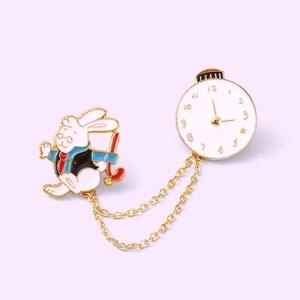 Creative rabbit and clock enamel brooch with golden chains on purple background