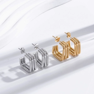 Geometric Triple-Line Square C-Shape Hoop Earrings Minimalist Titanium Stainless Steel Jewelry For Women