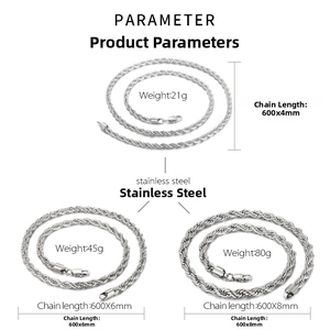Size chart for stainless steel rope chain necklaces with 4mm, 6mm, and 8mm widths