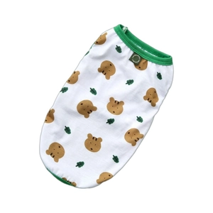 White cotton dog vest with cute brown bear prints and green rib knit trim for small pets
