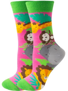 Detailed view of colorful crew socks featuring vibrant cartoon giraffe and lion patterns