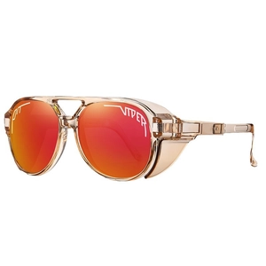 Polarized cycling sunglasses with red gradient lenses and amber frame for outdoor sports