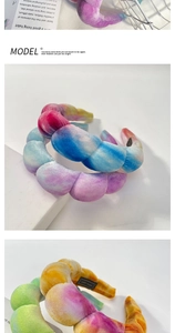 Detail of handmade tie-dye velvet sponge headband with gradient colors and woven texture