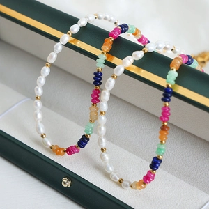 Baroque freshwater pearl and colored gemstone beaded necklace with gold accents