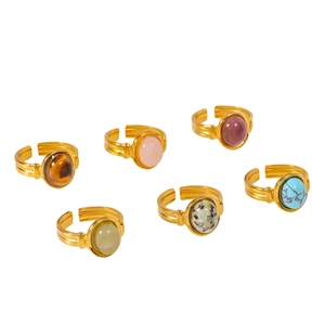 Adjustable golden stainless steel rings with tiger eye and quartz semi-precious stones