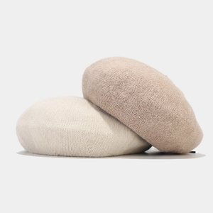 Classic rabbit fur knit beret in beige and khaki colors for winter fashion