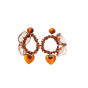 Vintage amber rhinestone earrings with brown mesh pompom and heart charm on white background