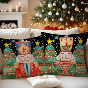Christmas nutcracker linen pillow covers set displayed on sofa with festive holiday decor
